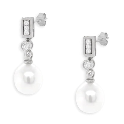 18k gold drop earrings with white pearls and diamond accents