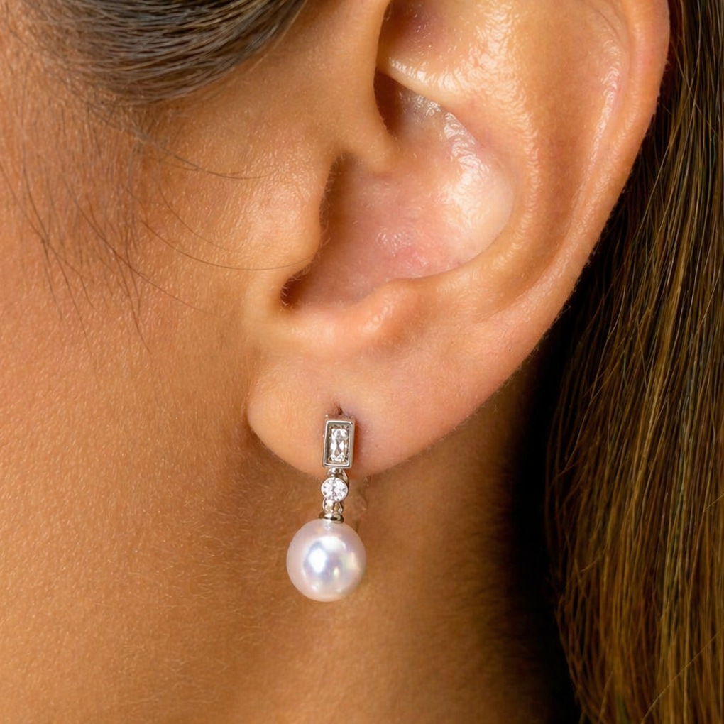 18k gold drop earrings with white pearls and diamond accents
