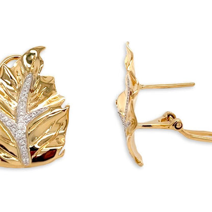 18k yellow gold leaf earrings with diamond accents and omega-style backs
