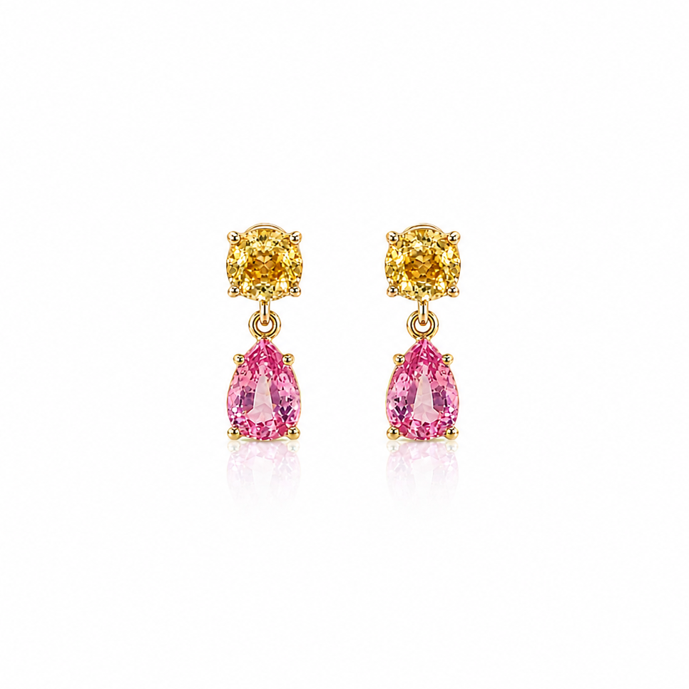 14k yellow gold drop earrings with round yellow sapphires and pear pink sapphires