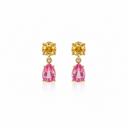 14k yellow gold drop earrings with round yellow sapphires and pear pink sapphires