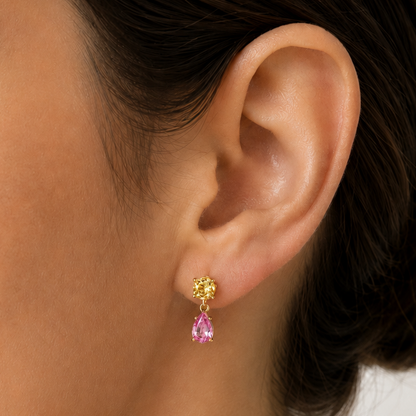 Detail of the yellow and pink sapphire drop setting