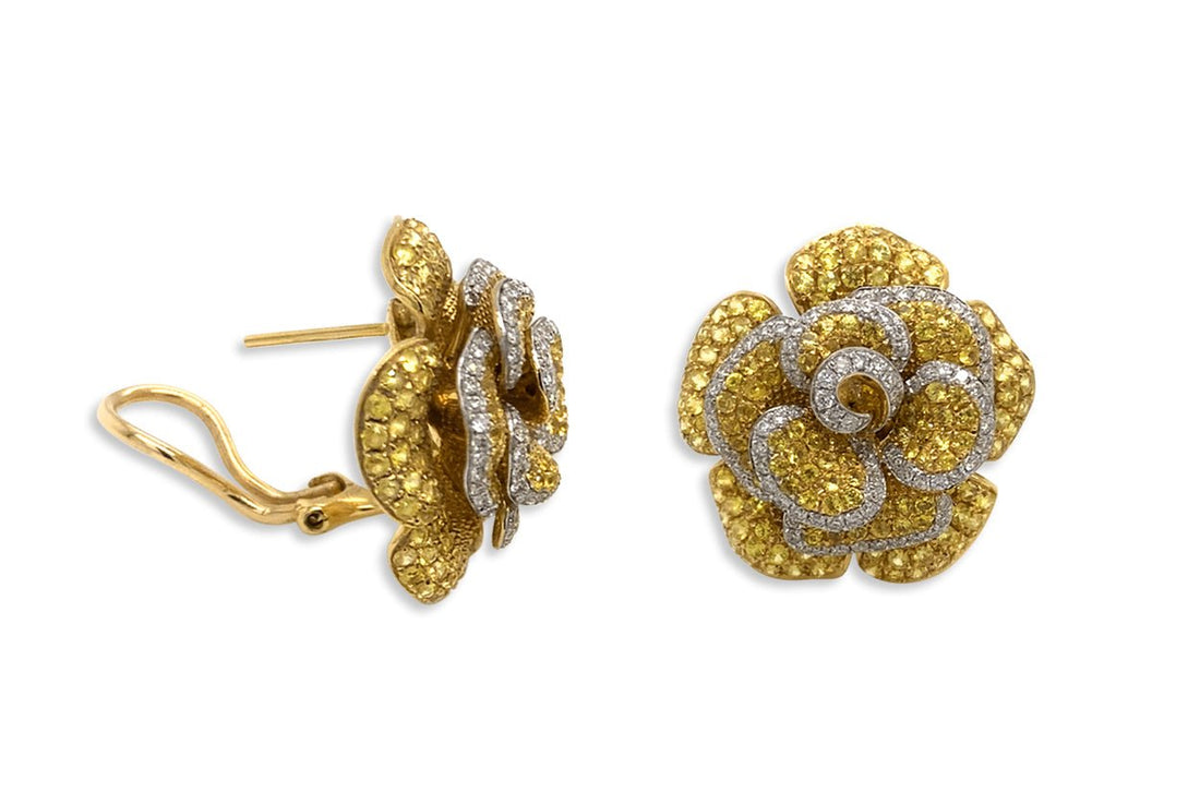 18k gold flower stud earrings with yellow sapphires and diamond accents